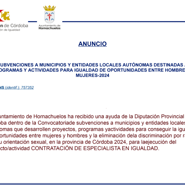 Nueva ayuda de la Diputación de Córdoba para proyectos de igualdad en Hornachuelos