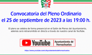 Convocatoria sesión ORDINARIA del PLENO MUNICIPAL de este Ayuntamiento, para el próximo día 25 de septiembre de 2023, a las 19:00 horas.