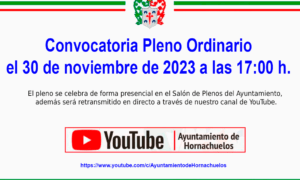 Convocatoria sesión ORDINARIA del PLENO MUNICIPAL de este Ayuntamiento, para el próximo día 30 de noviembre de 2023, a las 17:00 horas.