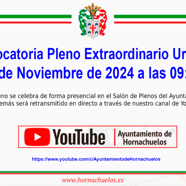 Convocatoria sesión EXTRAORDINARIA URGENTE del PLENO MUNICIPAL de este Ayuntamiento, para el próximo día 13 de noviembre de 2024, a las 09:30 horas.