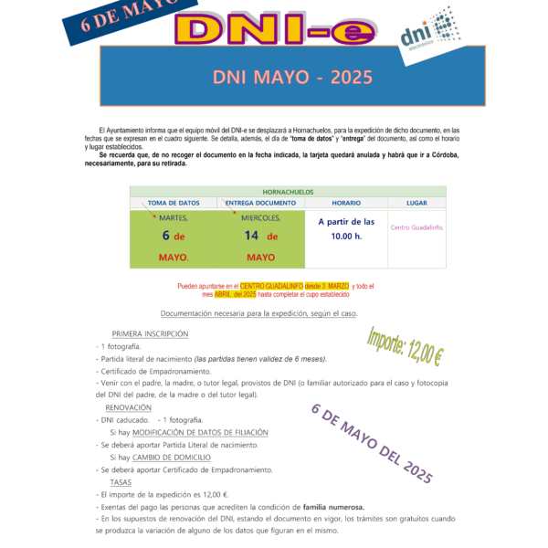 EXPEDICIÓN DNI-e EN HORNACHUELOS – MAYO 2025