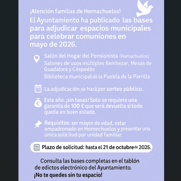 Convocatoria para la adjudicación de espacios municipales en Hornachuelos para la celebración de comuniones en mayo de 2026
