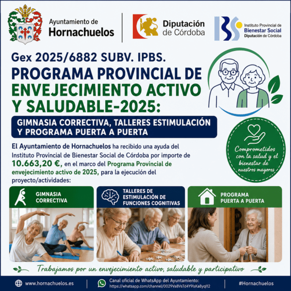 El Ayuntamiento de Hornachuelos recibe una subvención de 10.663,20 € para el Programa Provincial de Envejecimiento Activo y Saludable 2025